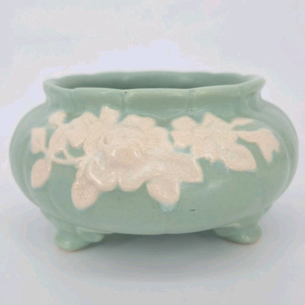 Weller Cameo Rose Pottery Footed Bowl Planter Aqua Green White Floral Weller